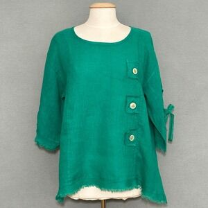 MARISIMA Italy Womens Top OS Green Linen Loose Boxy Tunic Artsy Lagenlook READ